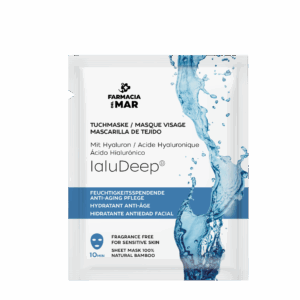 Mascarilla facial de tejido a base de ácido hialurónico que hidrata y calma la piel combatiendo los signos del envejecimiento aportando una sensación refrescante.