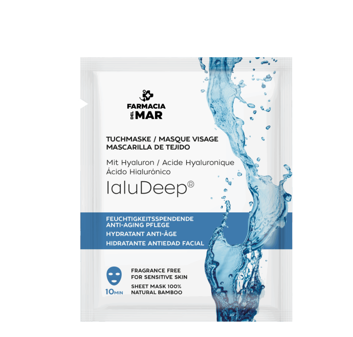 Mascarilla facial de tejido a base de ácido hialurónico que hidrata y calma la piel combatiendo los signos del envejecimiento aportando una sensación refrescante.