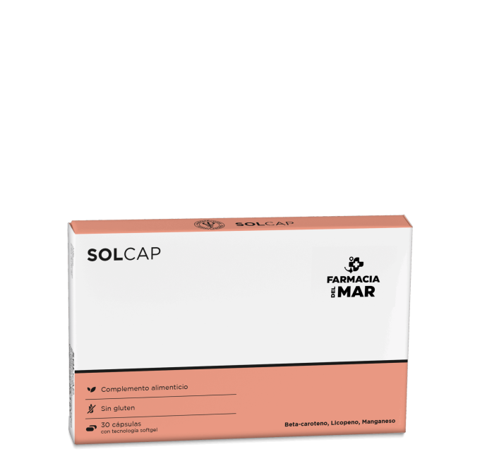 Complemento alimenticio en cápsulas a base de activos naturales que protegen a las células del estrés oxidativo y de la exposición solar y estimulan el bronceado.