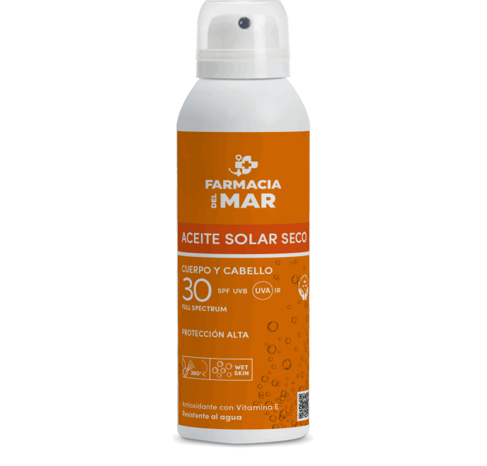 Protector solar en aceite en formato spray transparente que al aplicarlo tanto en piel como en cabello aporta una textura seca libre de grasa.